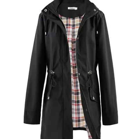 Women's Solid-Color Hooded Windbreaker Jacket Outerwear, Drawstring Waist, Zip & Button Closure, Waterproof Long-Sleeve Casual Coat for Spring & Fall, Daily Wear