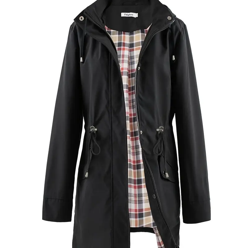 Women's Solid-Color Hooded Windbreaker Jacket Outerwear, Drawstring Waist, Zip & Button Closure, Waterproof Long-Sleeve Casual Coat for Spring & Fall, Daily Wear