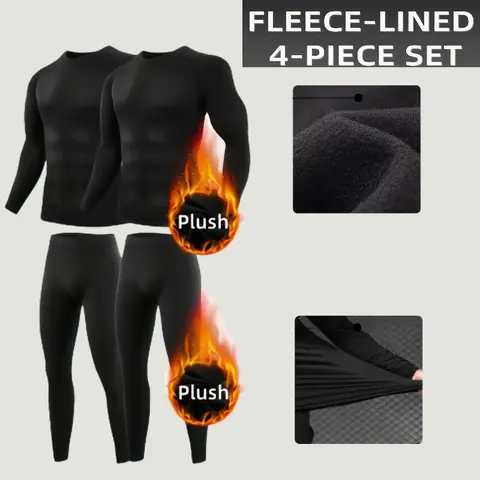 Men's 4-Piece Thermal Underwear Long-Sleeved Suit - Polyester Stretch, Soft, Breathable, Fleece, Seamless, Plain Black, Autumn-Winter Warm, Sports Outdoor Full Coverage Menswear