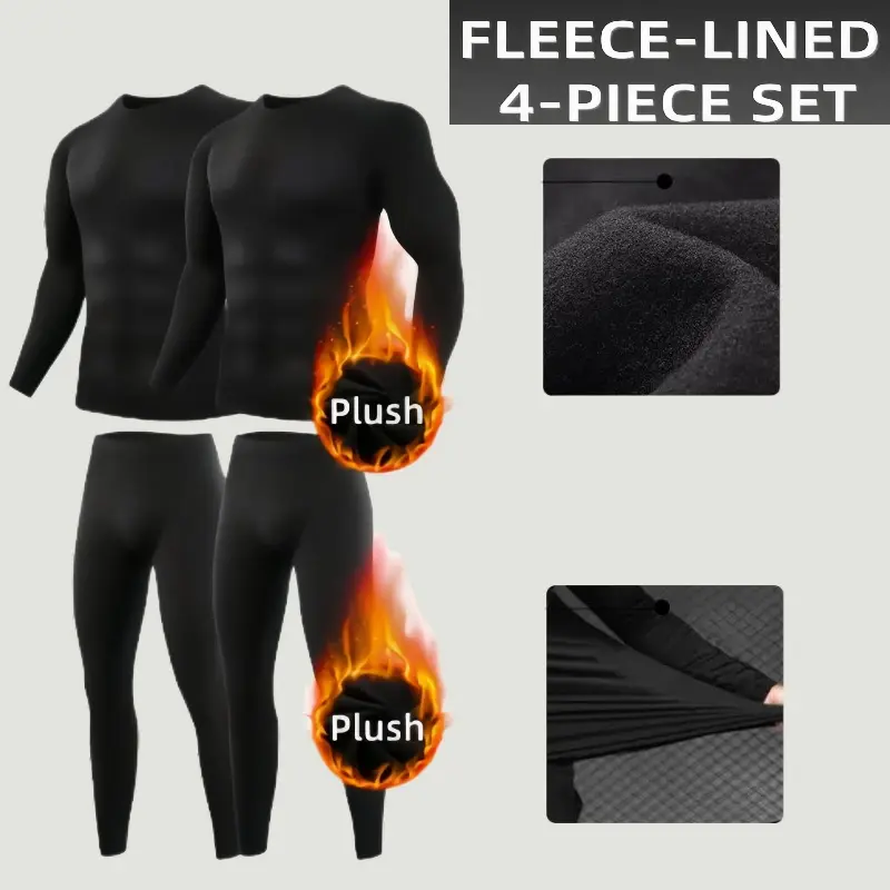 Men's 4-Piece Thermal Underwear Long-Sleeved Suit - Polyester Stretch, Soft, Breathable, Fleece, Seamless, Plain Black, Autumn-Winter Warm, Sports Outdoor Full Coverage Menswear