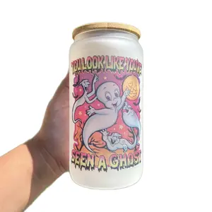 16oz Frosted Casper the Ghost Glass Cup - Perfect Drinkware for Halloween - Bottles Bamboo Reusable Spooky Tumblers Straw Lid