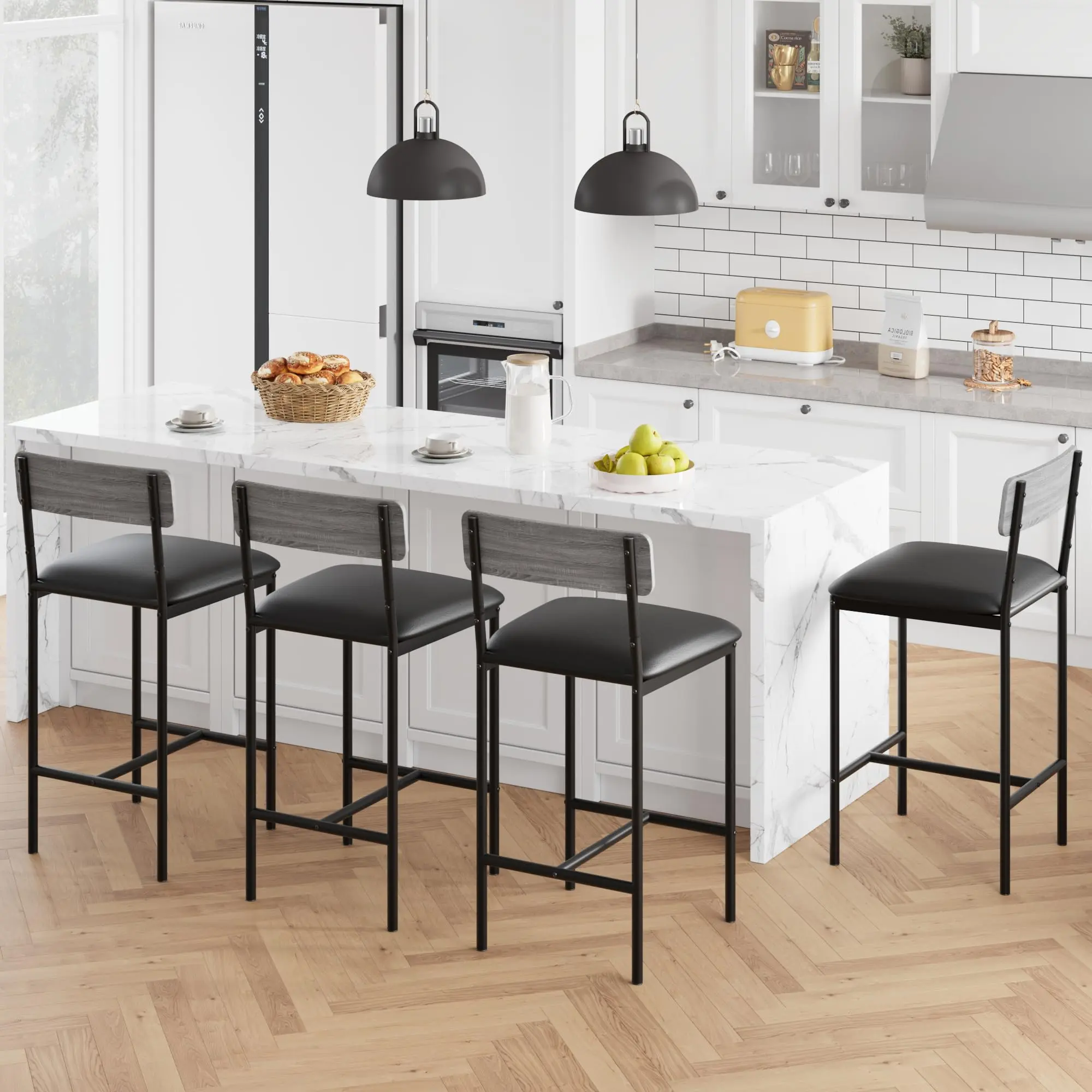 Garvee Upholstered Armless Counter Height Dining Chairs Set of 4 - 25.5'' Seats, Ergonomic Backrest, Footrest, Wine & Decor Shelves, Waterproof Top - Easy Assembly Rustic Grey for Kitchen Island, Small Dining Table, Home Bar
