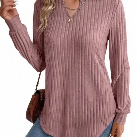 Shewin Women's Viscose-Polyester-Elastane Casual Striped Lightweight Deep V-Neck Longsleeve Loose Knit Pullover Blouse - Medium Length, Soft Ribbed Texture, Machine/Cold Washable, Office/Party-Ready Tops, Longsleeves