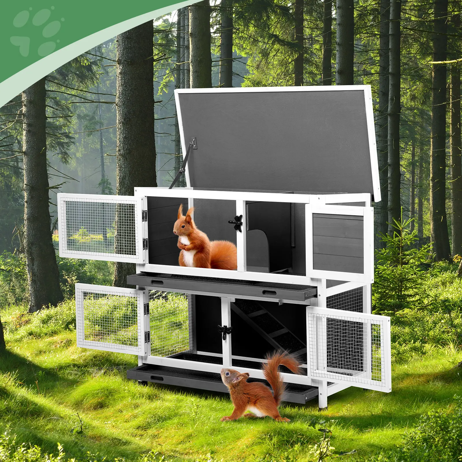 2 Story Solid Wood Rabbit Hutch Bunny Cage with 2 Large Main Rooms, Indoor Outdoor Rabbit House Guinea Pig Cage Pet House for Small Animals with 2 Removable Trays, Grey, Compact, Weatherproof, Compact House Safe Cage Wooden Hamster Cage