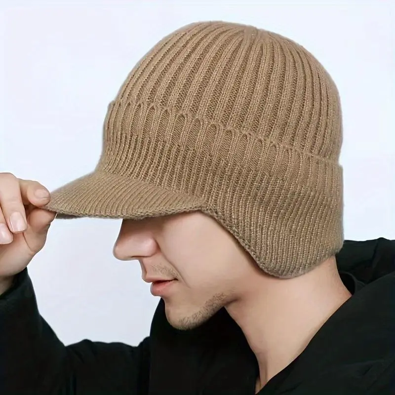 Male Winter Knit Beanie with Ear Flaps - Thick Fleece-Lined, Plain Design, Warm for Outdoor Activities, Ideal for Christmas, New Year