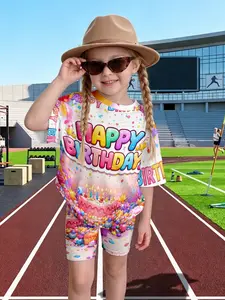 Girls' Rainbow Birthday Cake 3D Short Sleeve Set, Party Atmosphere Print Two-Piece, Perfect for Parties, Holidays, Birthdays
