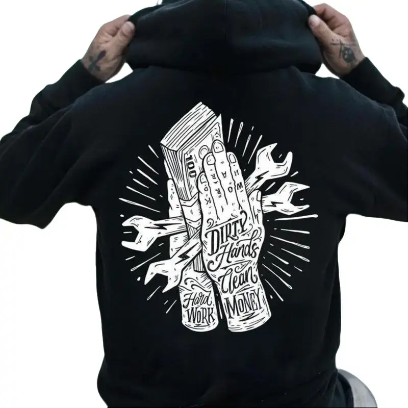 Women's Classic Fitted Long Sleeve Cotton Pullover Hoodie - Casual Vintage Graphic Sweatshirt, Durable Fabric, Street Style, "Work Hard Dirty Hands Clean Money" Print, 1-Piece Top summerwins,summerwins
