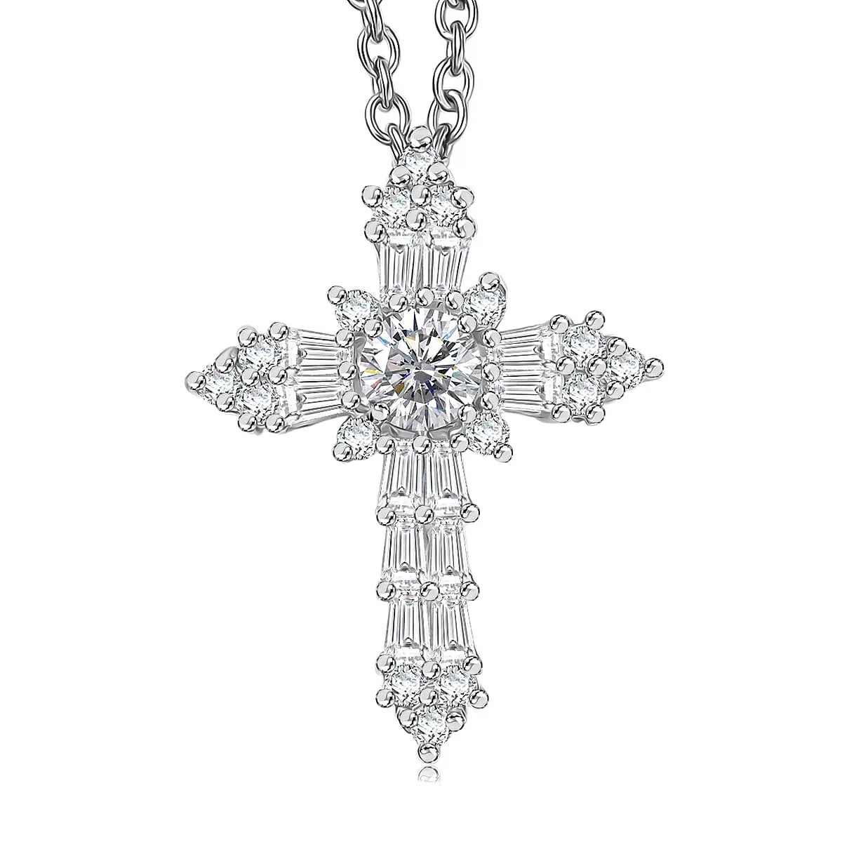 Memorial Day Doorbuster D'Joy Moissanite Cross Pendant in Platinum Over Sterling Silver with Stainless Steel Necklace (20 Inches) 0.85 ctw