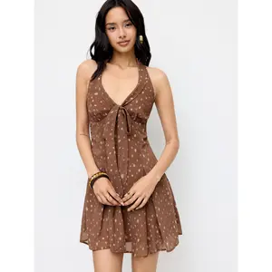 Cider Chiffon Deer Spot Bowknot Halter Neckline Mini Dress Summer Casual Wear SwimWeek