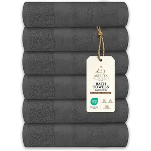 Large Bath Towels Pack of 6 24" x 50", 100% Cotton Terry Soft Quick-Dry & Highly Absorbent Charcoal Grey Towels for Bathroom Spa Shower Pool & Daily Use