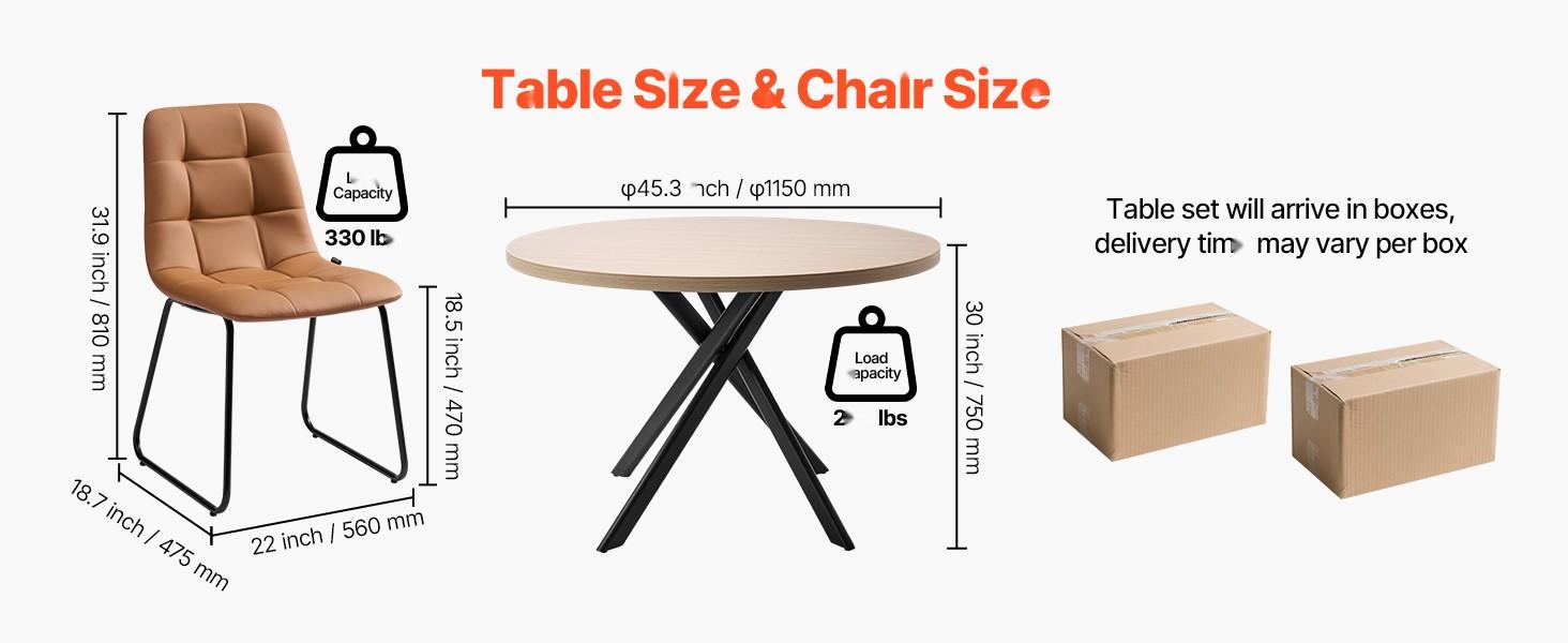 5-Piece Round Dining Table Set For Small Spaces - Space-Saving Kitchen Table With 4 Upholstered Orange Chairs, PU Leather Cushions, Modern Wood-Tone Finish, Adjustable Foot Pads, Ideal For Dining Room