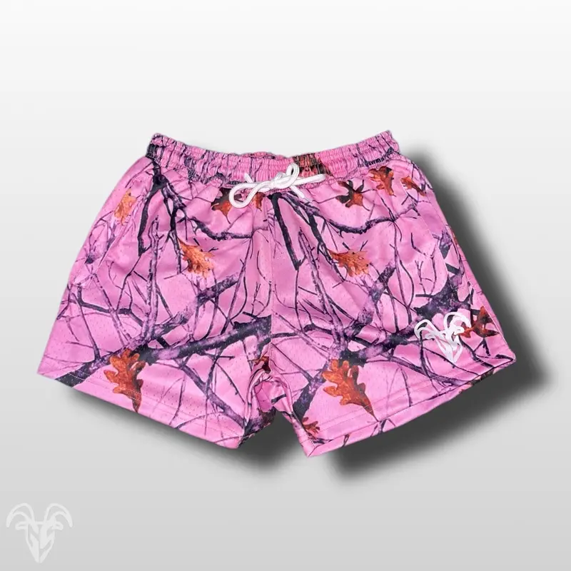 Unisex Goat Strength 5-Inch Inseam Pink Camo Sports Shorts - Zipper Pockets, Mesh Fabric - Lifting, Running, Outdoor Sports, Lightweight Breathable, Performance Shorts, Lifting Shorts