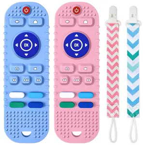 Baby Teether Toys, 2PCS Silicone Teething Toys, Remote Control Shape Teething Toys with 2PCS Pacifier Clip, Teething Relief Toys  Baby 3-24 Months, BPA-Free Baby Chew Toys(Bule&Pink)