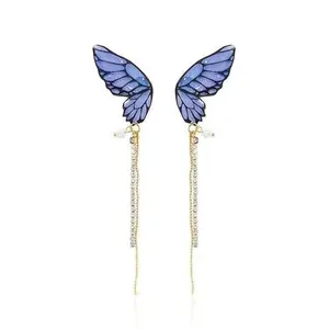 FlashyStudioNYC Butterfly wing earrings, butterfly jewelry, blue butterfly earrings, butterfly wing earrings, butterfly threader earrings, long earrings, purple resin butterfly earrings, insect earrings, insect animal lover gift idea.Long tassel earrings