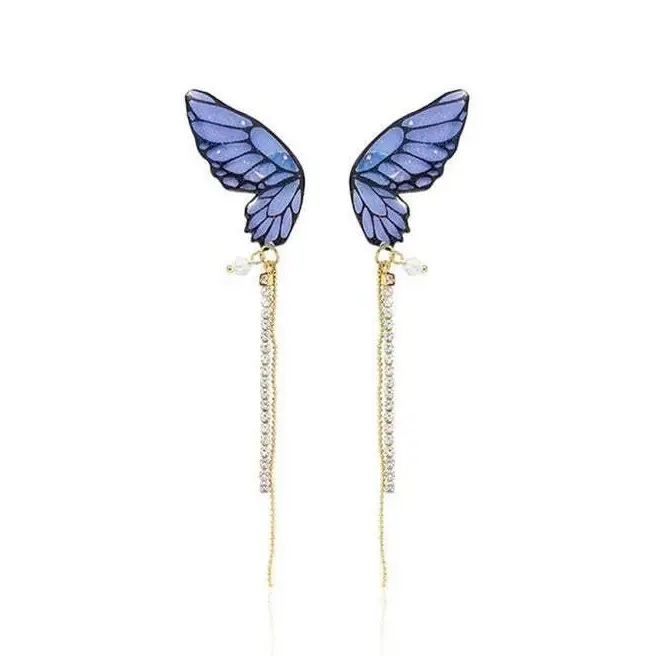 FlashyStudioNYC Butterfly wing earrings, butterfly jewelry, blue butterfly earrings, butterfly wing earrings, butterfly threader earrings, long earrings, purple resin butterfly earrings, insect earrings, insect animal lover gift idea.Long tassel earrings