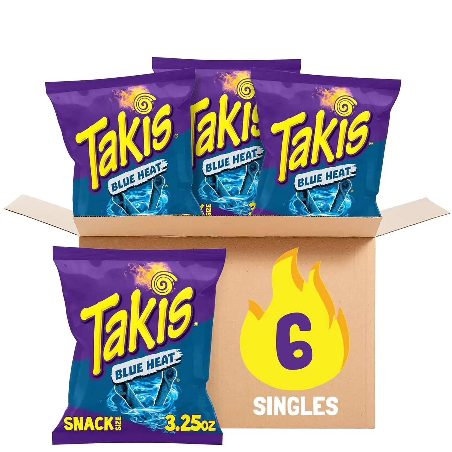 Takis Blue Heat Rolled Tortilla Chips Hot Chili Pepper Flavor, 6 Pack Case, 3.25 oz Snack Size Bags, Bold Crunchy Corn Chips for Snacking