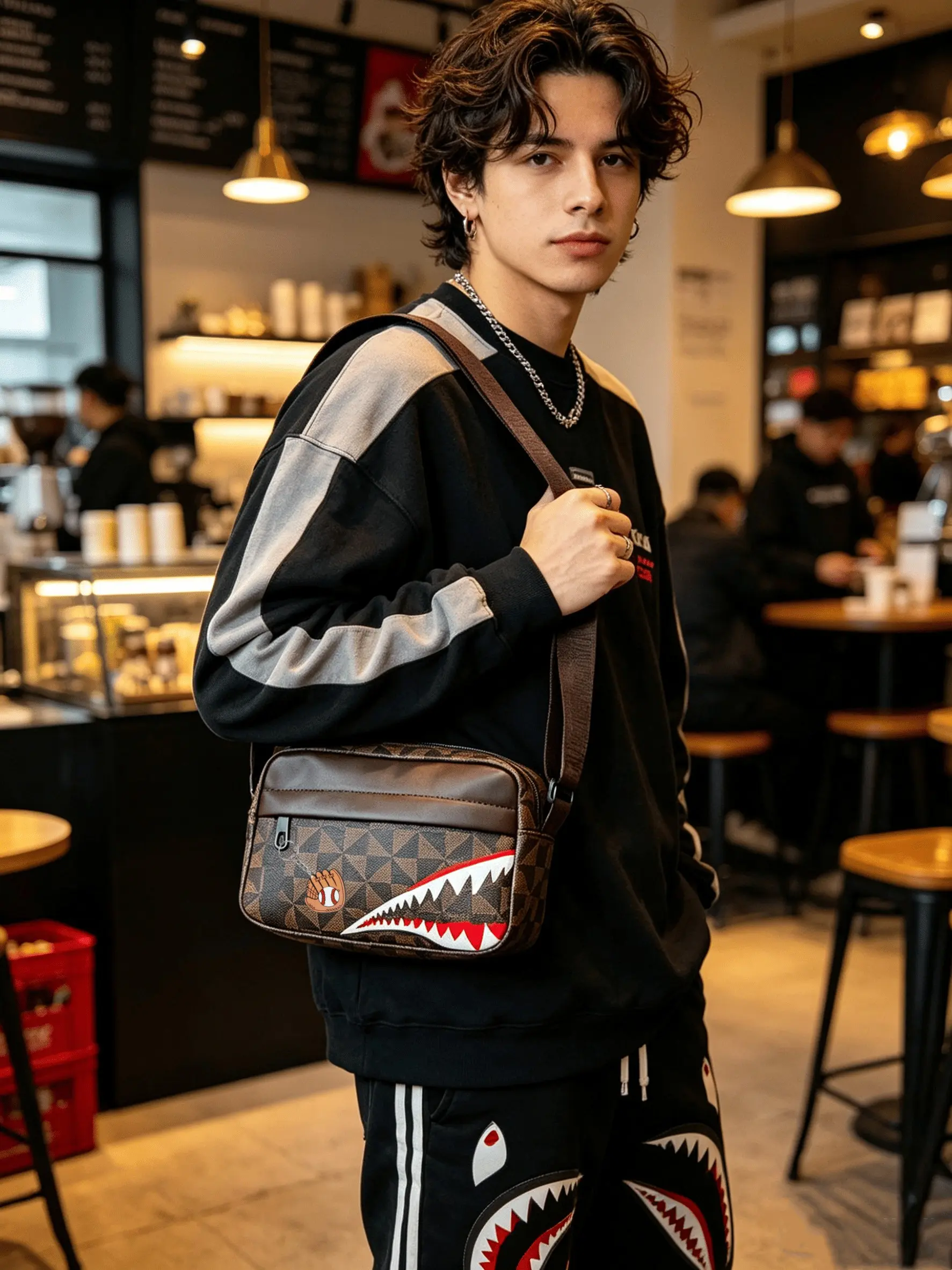 Men's Messenger Bag, Shark Mouth Shoulder Bag, Vintage PU Windmill Pattern, Street Style, Daily Commute, Sports, Fashionable, PU Leather Shoulder