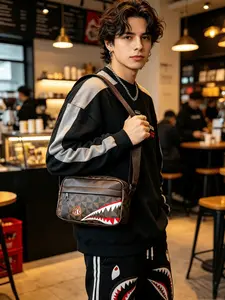 Men's Messenger Bag, Shark Mouth Shoulder Bag, Vintage PU Windmill Pattern, Street Style, Daily Commute, Sports, Fashionable, PU Leather Shoulder