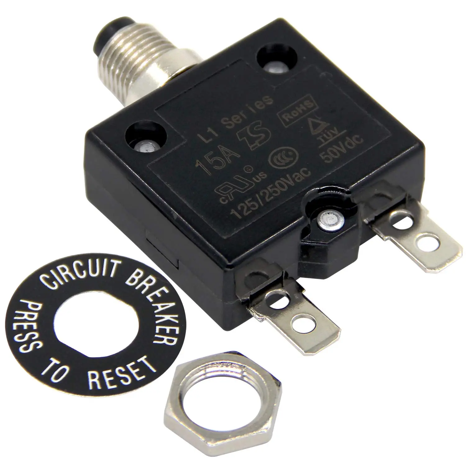 125-250V AC 50V DC Push Button Circuit Breaker 15Amp Thermal Overload Protector L1 Series Manual Reset Thermal Circuit Breaker 15A