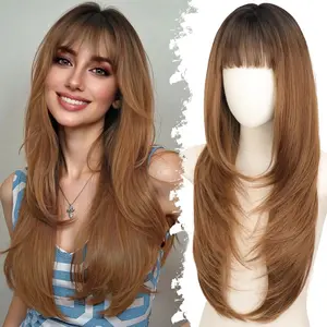 Light Brown Wigs for Women 26‘ Ombre Brown Wig with Dark Roots Long Layered Heat Resistant Synthetic Wig Natural Looking for Daily Party Use