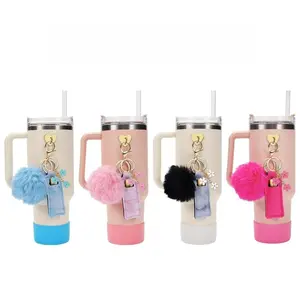 6 Piece Water Bottle Boot Hooks, Silicone Accessories, Colorful Flower Rabbit Fur Ball Keychain, Compatible with Stanley Tumbler 40 Oz
