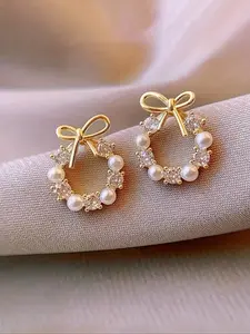 Cute Pearl Bow Flower Hoop Earrings, Fashionable Women's Jewelry for Parties and Daily Wear, Perfect Birthday Gift, Trendy Jewelry