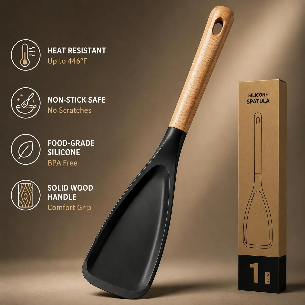 Cooking Spoon, Great for Cooking and Serving Durable BPA-Free Matte Silicone, Wood Handle Spoon for Mixing, Scoop, and Scrape