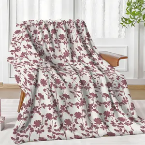 Burgundy Floral Throw Blanket, Vine Silhouette Flannel Blanket, Soft Cozy Warm Throw, Cream White Minimalist Botanical Design, Vintage Romantic Gift for Her Mom, Elegant Bedroom Living Room Couch Decor ﻿