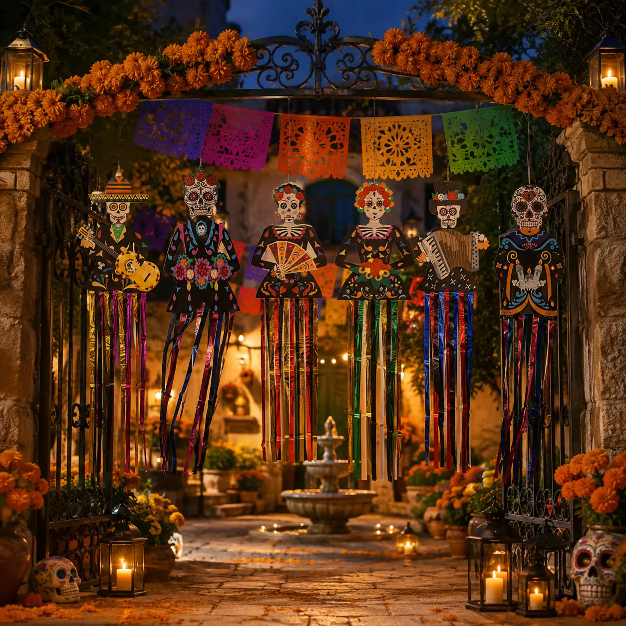 Mexican Day of the Dead Hanging Skeleton Decor, 4 Pcs Sugar Skull Foil Streamer Ornaments for Halloween Party Día de los Muertos Decor