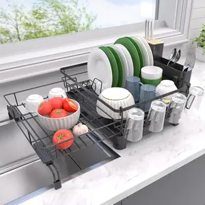 Dish Drying Rack - Expandable Dish Rack, Large Drying Dish Drainer Over Sink with Drainboard, Utensil Holder & Cup Holder, Stainless Dish Strainer for Counter, Black