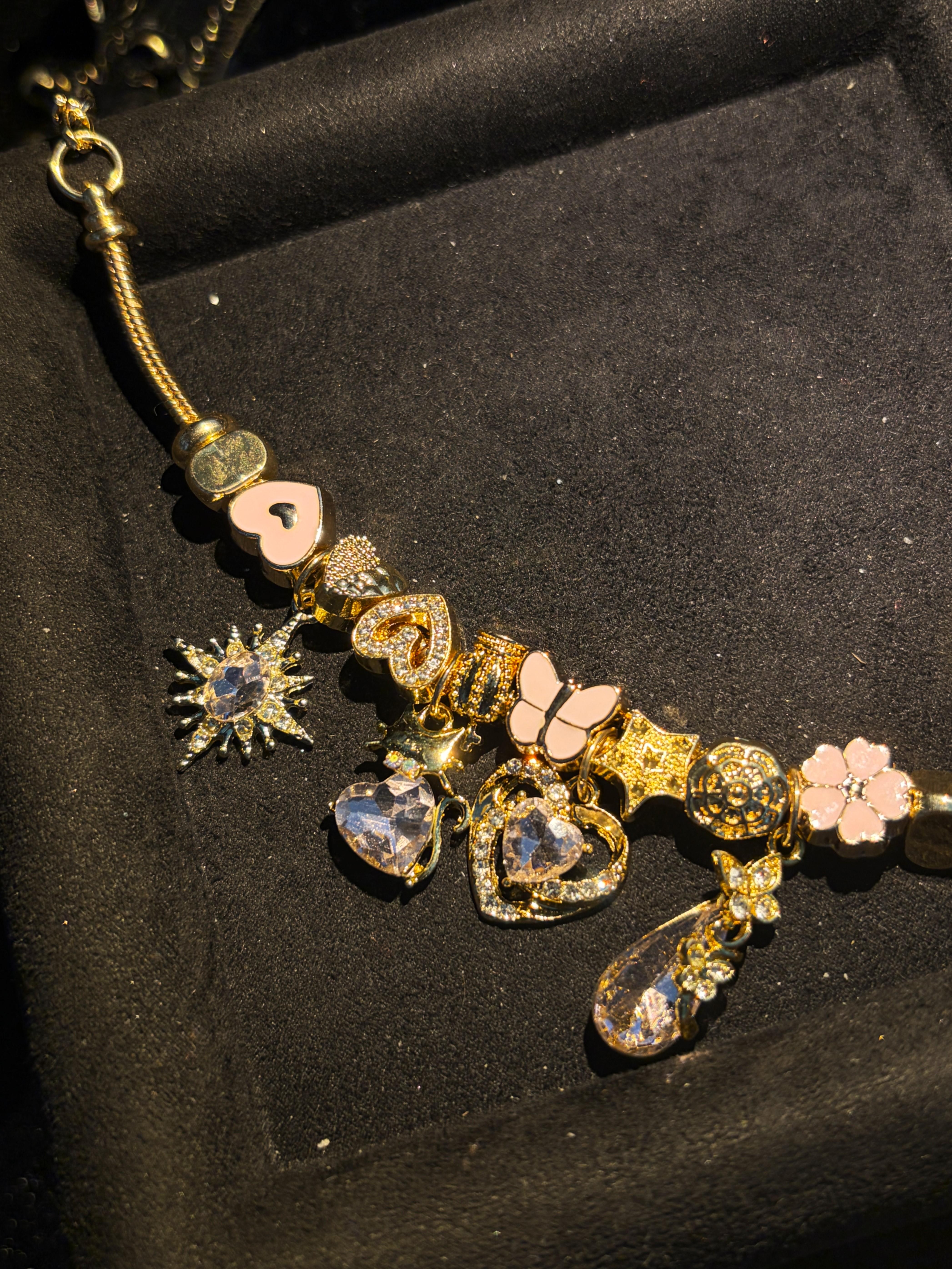 Women's Gold-Tone Adjustable Snake Chain Charm Bracelet - Pink Heart, Butterfly, Flower, Star Crystal Charms - Fashion Costume Jewelry Gift for Ladies
