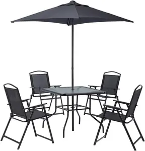 LazyChill™ 6 Piece Patio Dining Set with Umbrella, Outdoor Garden Set with 4 Folding Chairs and Tempered Glass Top Dining Table