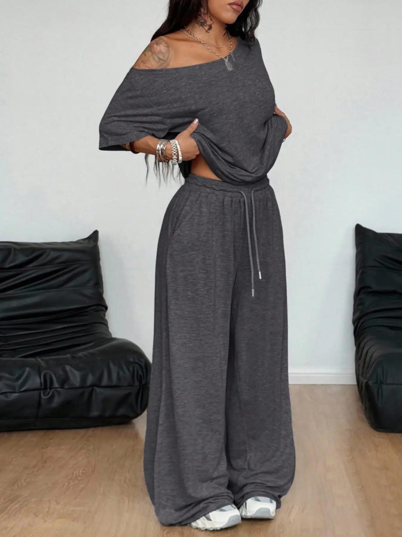 2pcs/Set Women's Minimalist Basic Daily Wear Everyday Going Out Sport Comfortable Off Shoulder T-Shirt And Wide Leg Pants Two Pieces Outfits