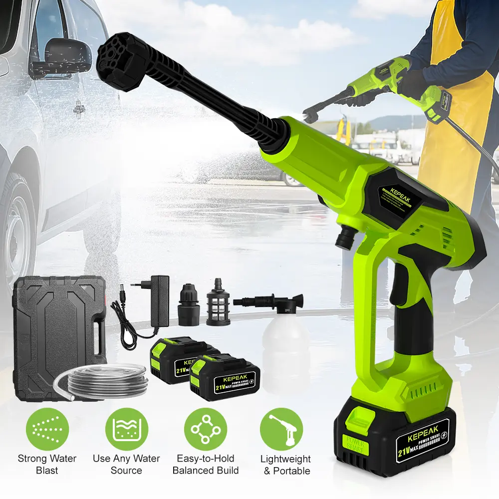 KEPEAK Cordless Portable Pressure Washer, 1500PSI 21V 200W High-Power Cleaner, 13000mAh Rechargeable Battery, 6-in-1 Spray Nozzle, Foaming Bottle for Car Wash & Outdoor Use
