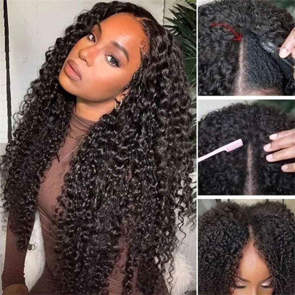 Glueless V Part Human Hair Wigs Deep Wave No Leave Out Real Scalp Bling Hair Beginner Friendly No Sew In No Glue With Invisible Strap Drawstring Burseme Curly Human Hair Wigs 180% Density