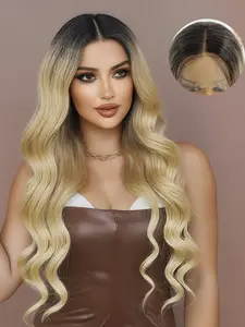 Long Blonde Wavy Wigs Women 24 Inch Charming Ombre Curly Wigs With Black Root Natural Looking Synthetic Layered Wig For Women Synthetic Hair Elegant Casual Heat-Resisting Party Daily Use For Girls Daily Party Halloween Loose Wave Wig