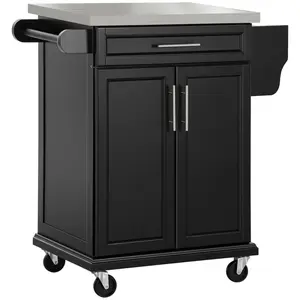 HOMCOM Kitchen Island on Wheels Rolling Kitchen Cart with Stainless Steel Countertop Drawer Towel Rack and Spice Rack Utility Storage Trolley Black