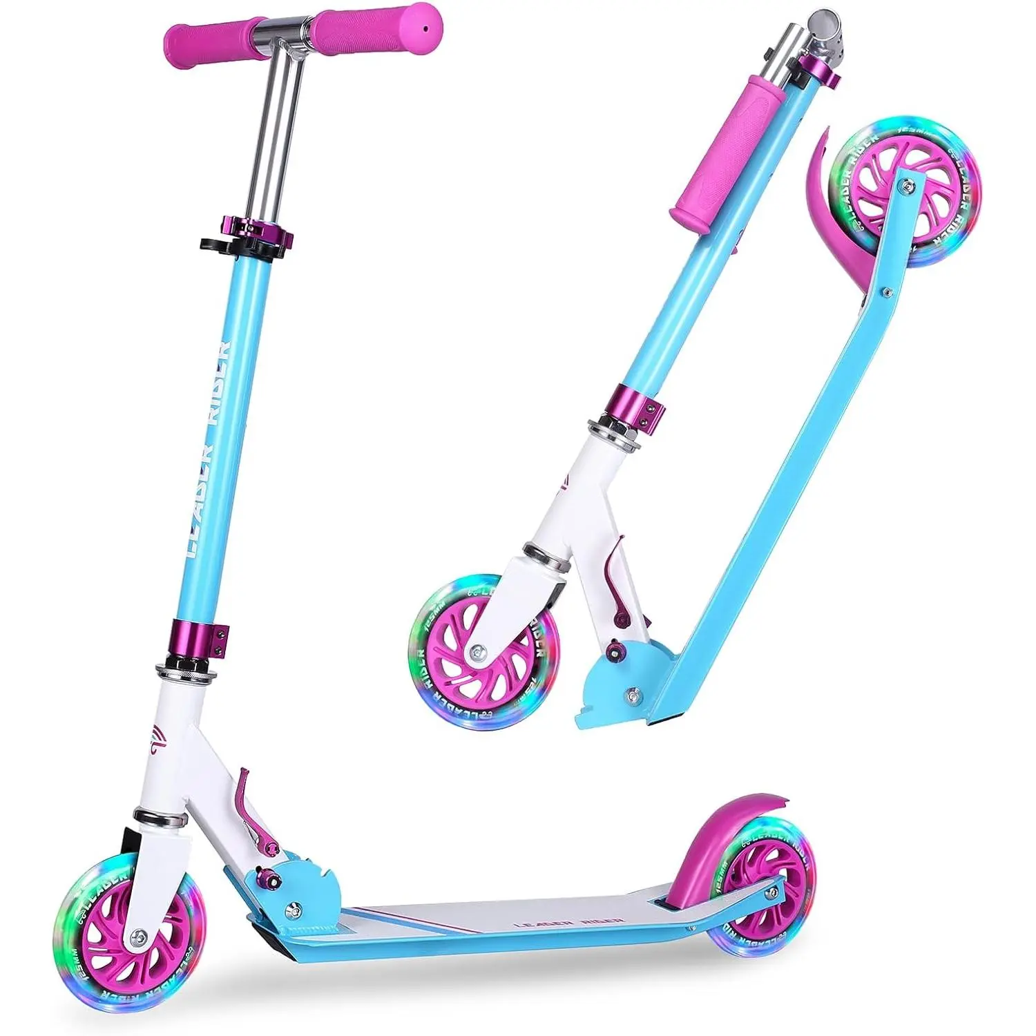 Kick Scooter - Collapsible Portable  Push Scooter - Lightweight Folding Design with High Visibility RGB Light Up LEDs on Wheels