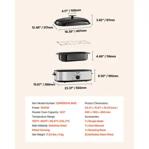 VEVOR Roaster Oven, 14QT Fast-Cooking Turkey Roaster, 150-450 Adjustable Temperature Electric Roasting Pan with Self-Basting Lid, Roasting Lift-Out Rack, Defrost Warm Function, Fits 18lb Turkey