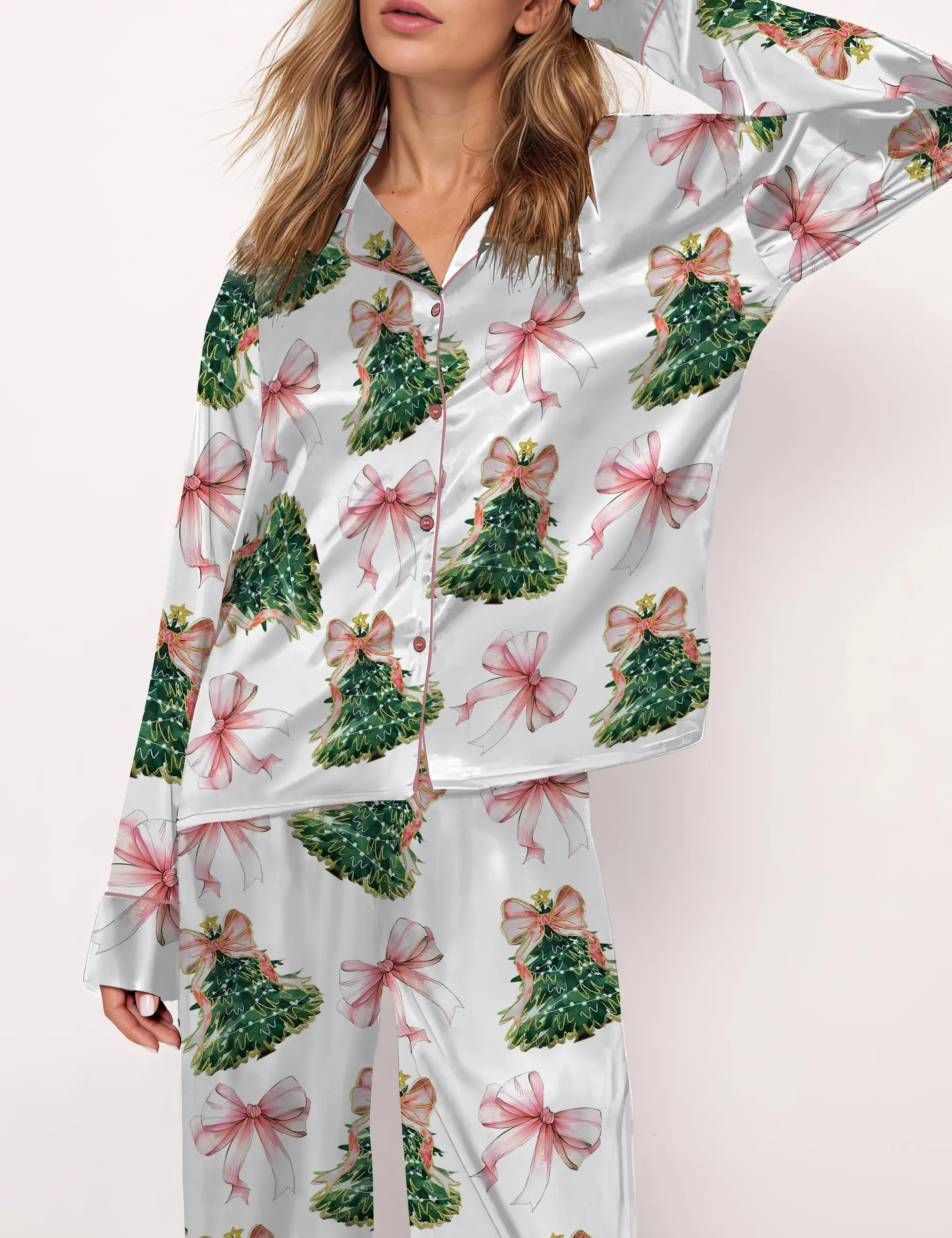 Christmas Tree Pajama Set Satin For Women,  Christmas Gift, Birthday Gift, Gift For Women, Best Friend Gift, Anniversary Gift, Gift For Girlfriend, Gift For Sister, Gift For Mom, Holiday Gift, Party Pajama, New Year Eve Gift