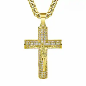 Chunky Fully Paved Cubic Zirconia 14K Gold Plated Jesus Crucifix Pendant Necklace, All Over Zircon Christian Cross Jewelry for Men Women, Religious Crucifix Chain, Perfect Gift for First Communion Easter, Daughter Mom Sister Faith Present