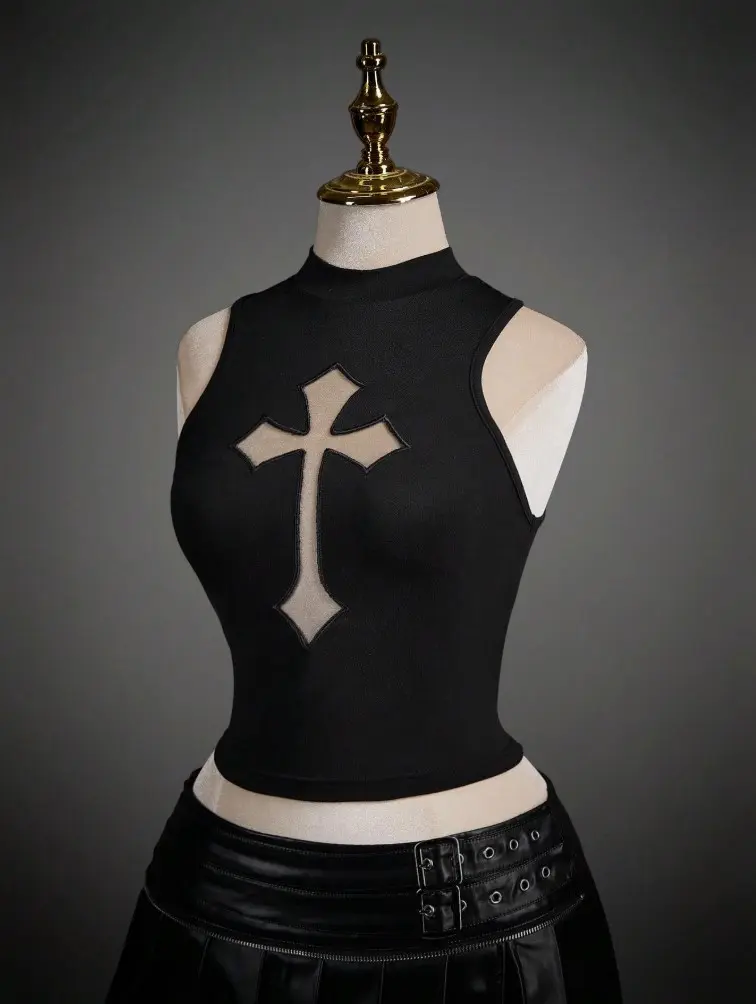 LALUZ Women's Mesh Tank Top Fitted Cross Stand Collar For Summer Festival Rave Outfit Going Out Streetwear Top