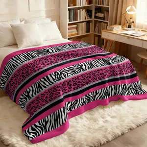 Hot Pink Animal Print Patchwork Flannel Blanket, Black-White Zebra and Pink Base Black Leopard Patterns, Car Travel Camping Office Nap Cover Throw, Cozy Thick Soft, Y2K Hot Girl Aesthetic Bedroom Decor
