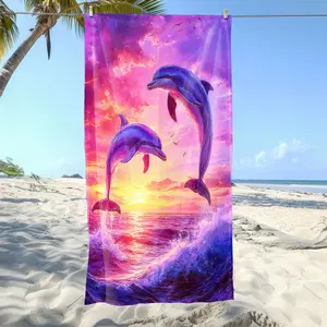 1Pc Dolphin Sunset Purple Extra Large Beach Towel, Quick-Drying Microfiber, Super Absorbent Sand-Free Towel, Suitable for Swimming, Pool, Yoga, Travel, Lightweight and Portable Beach Accessory