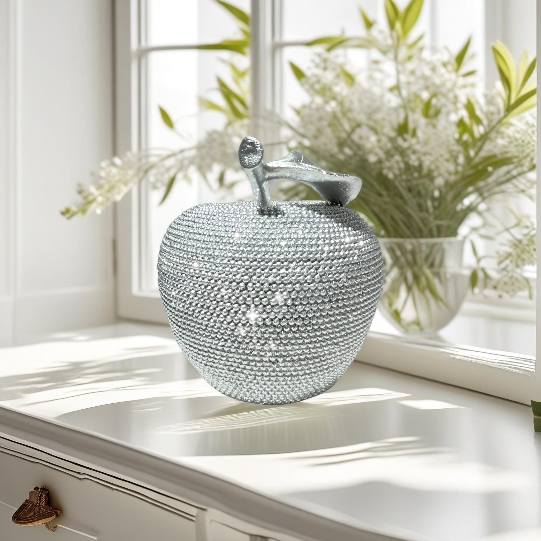 Luxury Silver Beaded Apple Decor | Bling Beaded Fruit Statue for Glam Home Office & Wedding Tabletop