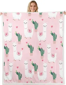 Llama Alpaca Sherpa Blanket,Cute Llama Fleece Throw Blanket,Cartoon Llama Alpaca Pink South American Animals Plush Blanket for Sofa Couch