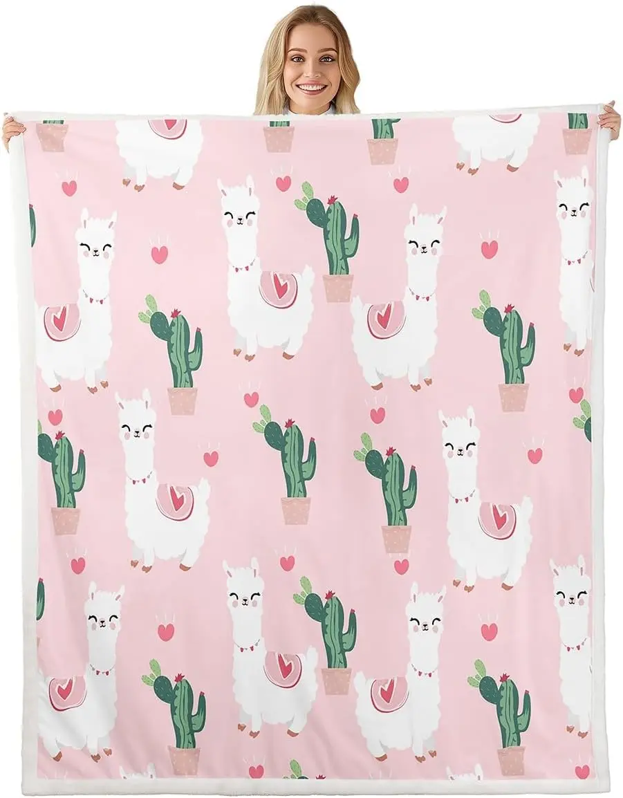 Feelyou Cartoon Llama-Alpaca Flannel Fleece Blanket - Soft Cozy Modern Animal Print Sherpa Plush Blanket for Indoor Sofa, Outdoor Couch, Soft Cozy Blanket