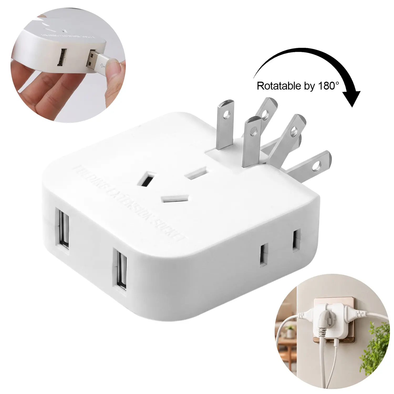 Multi Plug Outlet Extender with Rotating Plug, 3-Sided 5 Adapter-Spaced Outlets with Safety Shutters for Children Protection, 2 USB Ports, Extender for Phones & Electronics Multifunctional Power Strip Spaced Outlet Splitter for Home Office Travel