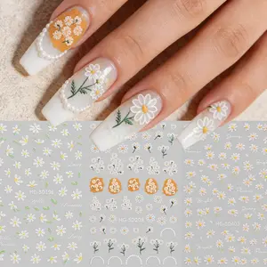 3 Pcs Embossed Spring Summer Daisy Nail Stickers, 3D Flower Style DIY Nail Decals Decoration, Fresh Daisy Florals Manicure Nail Salon Accessories, Flower Design Nails