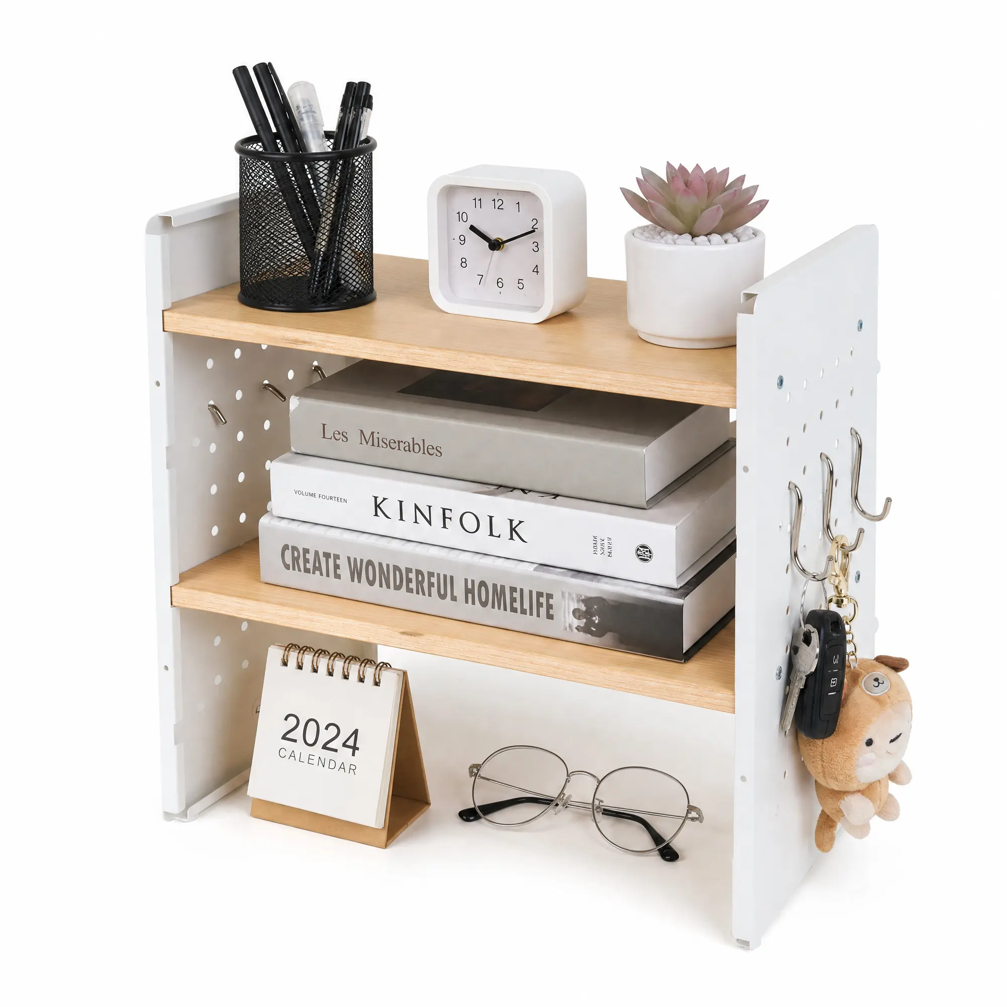 NORTHSKY White 2-Tier Freestanding Desktop Shelf Organizer, Desk Storage Rack with Pegboard Side & 6 Hooks, Office Display Shelf for  Office & Dorm